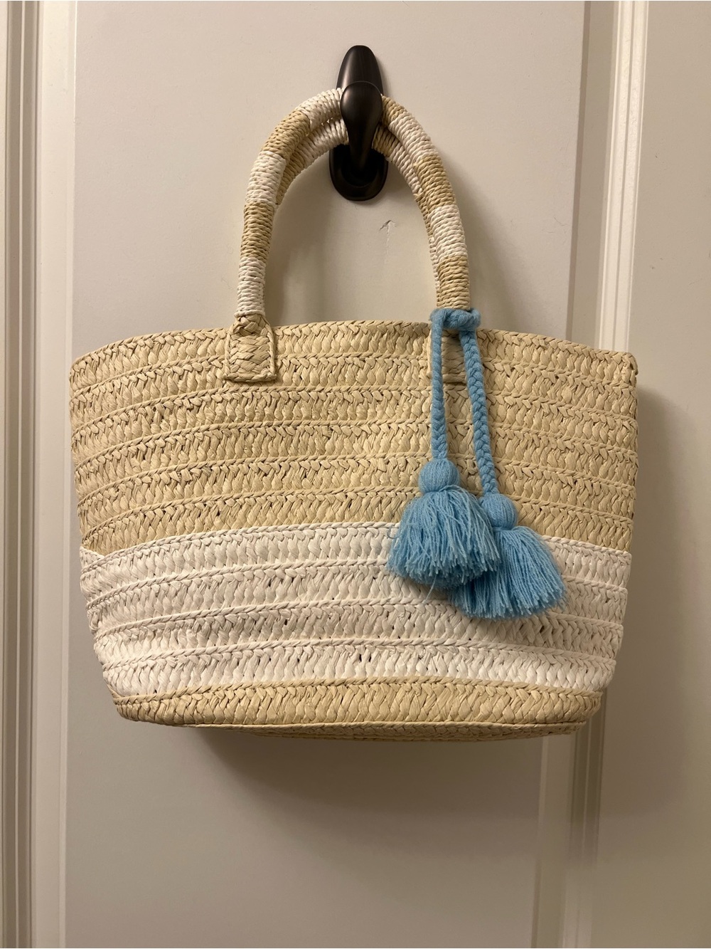 Altru Natural and Light Blue Woven Tote with Tassels